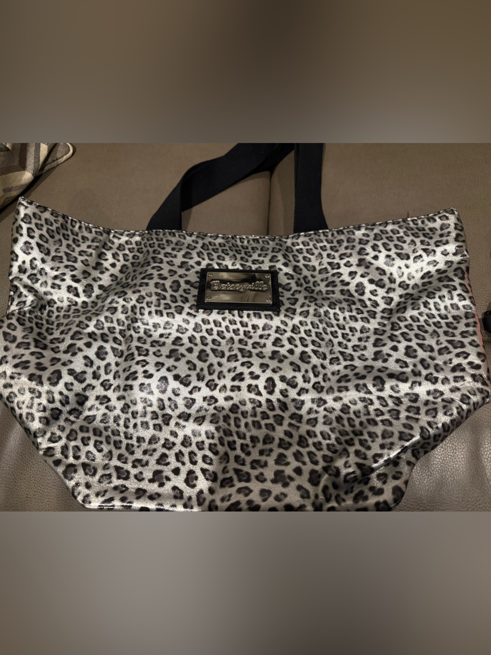 Leopard-Pattern Silver Tote with Black Straps